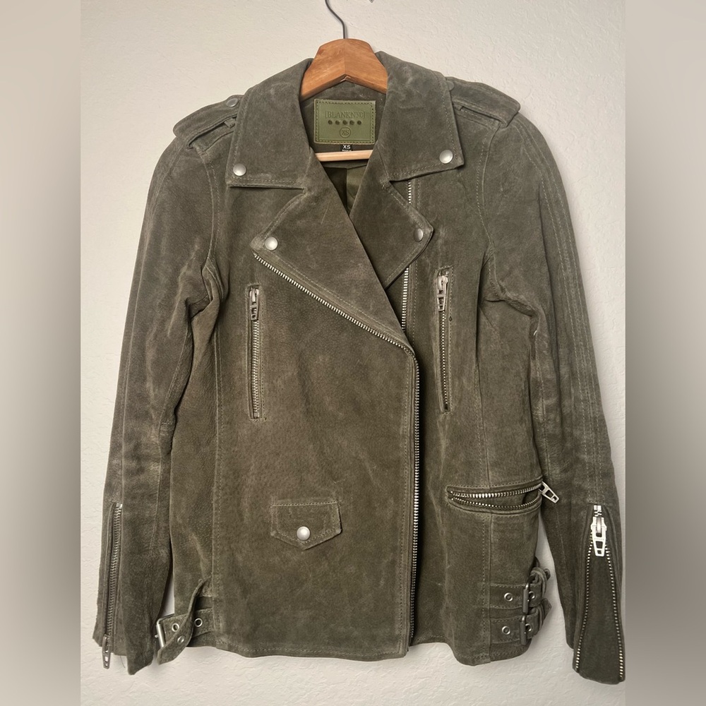 BLANKNYC Jacket XS Suede Olive Green Zip Snap Moto Lined Biker - Picture 2 of 15